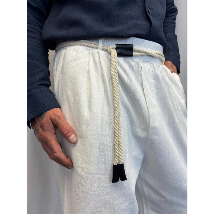 Yıkamalı Hasır Keten Kemer Detaylı Pantolon Beyaz