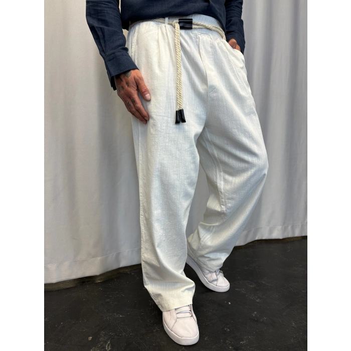 Yıkamalı Hasır Keten Kemer Detaylı Pantolon Beyaz
