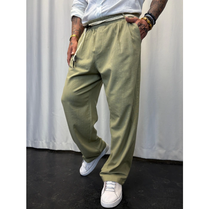 Yıkamalı Hasır Keten Kemer Detaylı Pantolon Haki