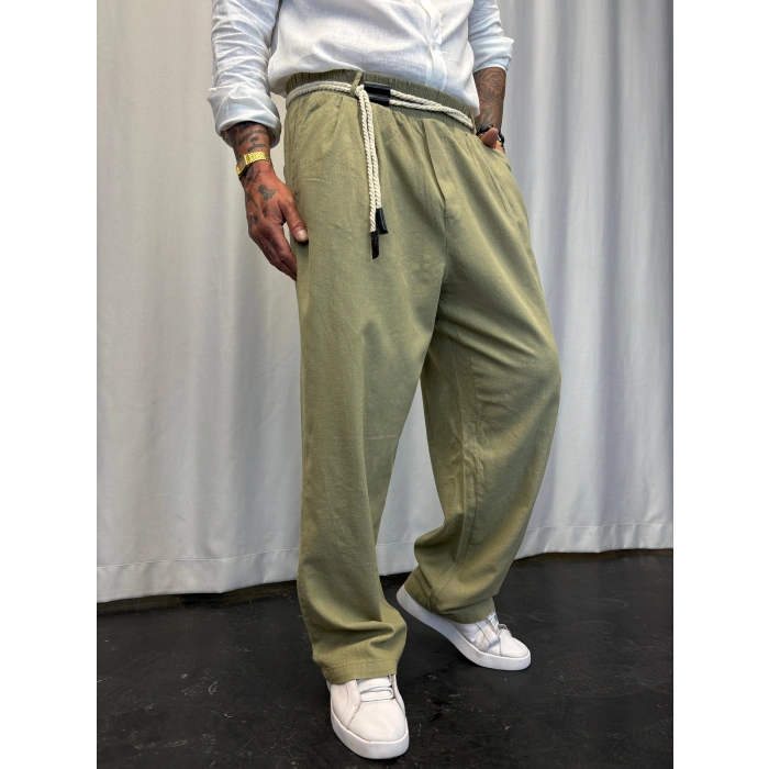 Yıkamalı Hasır Keten Kemer Detaylı Pantolon Haki