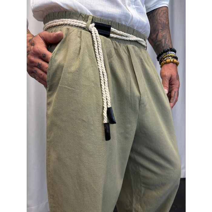 Yıkamalı Hasır Keten Kemer Detaylı Pantolon Haki