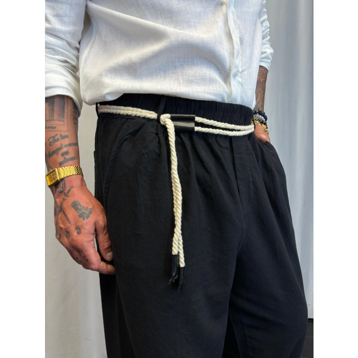 Yıkamalı Hasır Keten Kemer Detaylı Pantolon Siyah