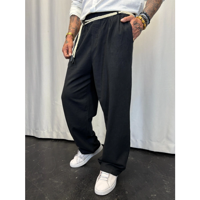 Yıkamalı Hasır Keten Kemer Detaylı Pantolon Siyah