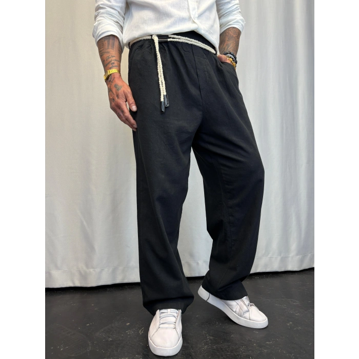 Yıkamalı Hasır Keten Kemer Detaylı Pantolon Siyah