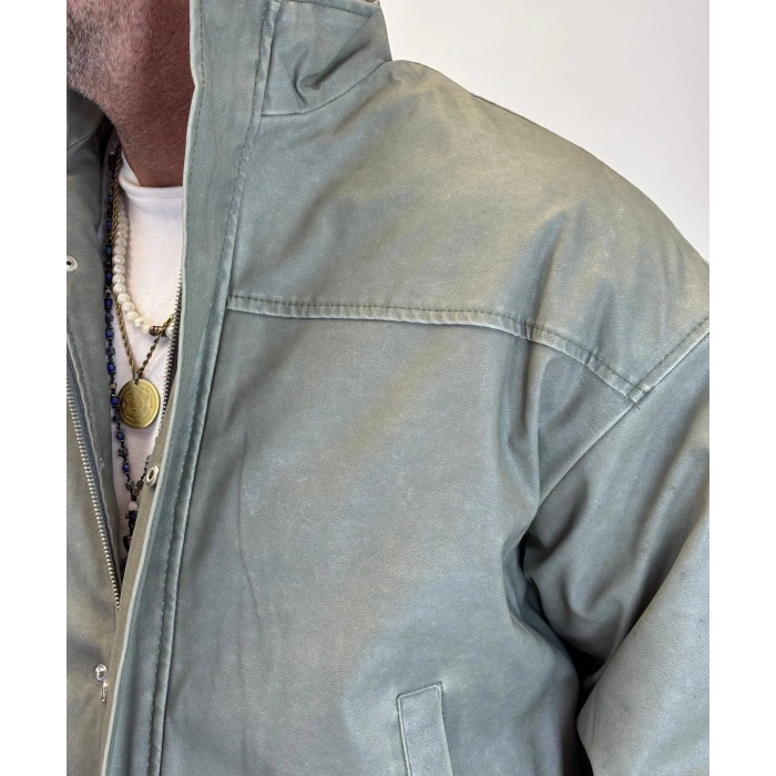 Yıkamalı İçi Kapitoneli Deri Mont Haki