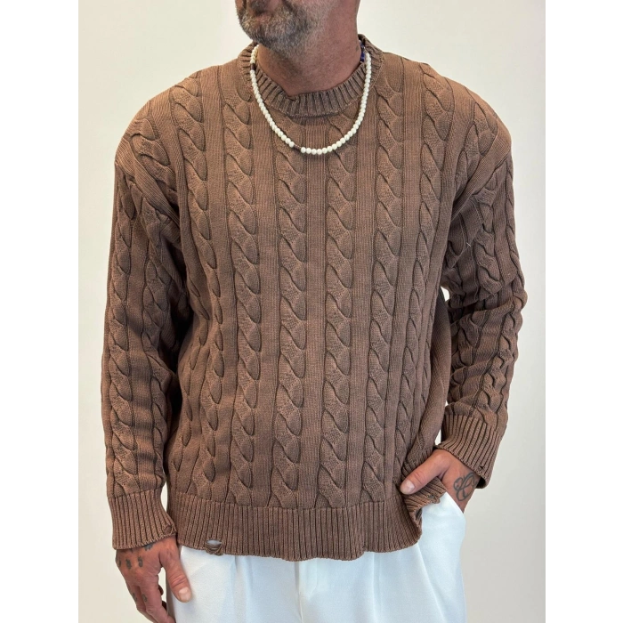Yıkamalı Örgü Kazak Kahverengi
