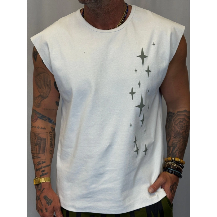 Yıldız Kolsuz T-Shirt Beyaz