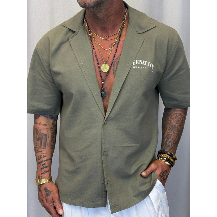 Yıldız Nakışlı Pamuk Gömlek Haki