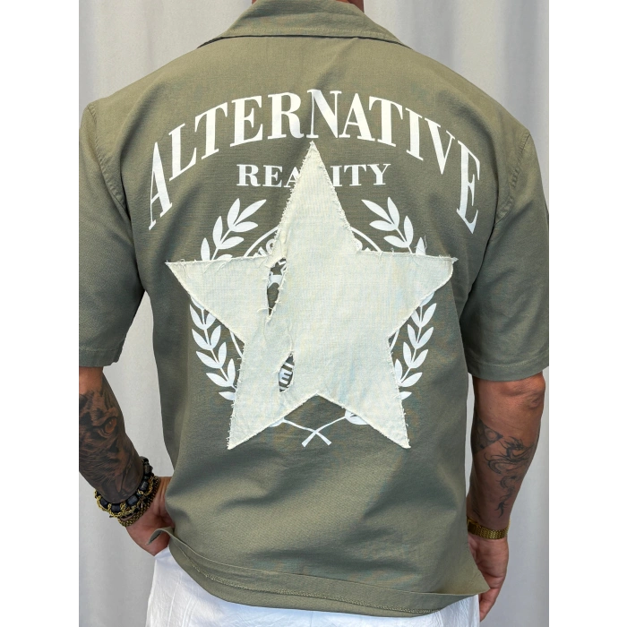 Yıldız Nakışlı Pamuk Gömlek Haki