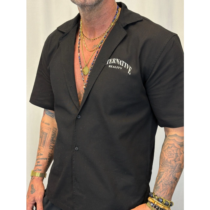 Yıldız Nakışlı Pamuk Gömlek Siyah