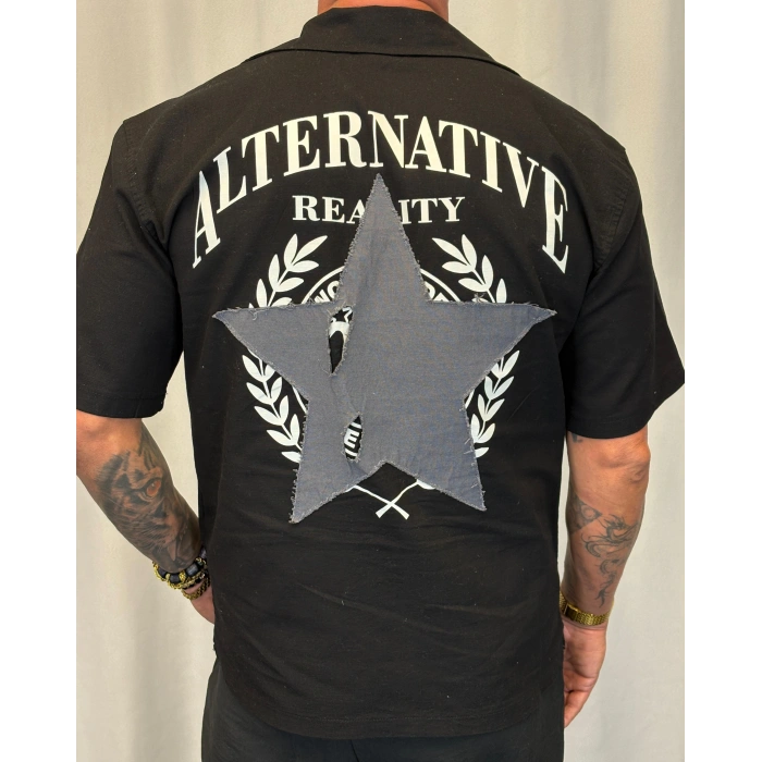 Yıldız Nakışlı Pamuk Gömlek Siyah