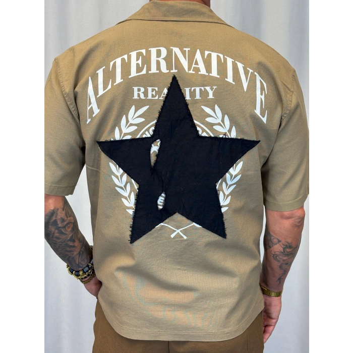 Yıldız Nakışlı Pamuk Gömlek Vizon