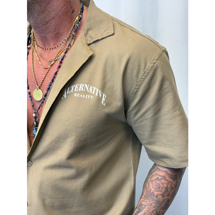 Yıldız Nakışlı Pamuk Gömlek Vizon