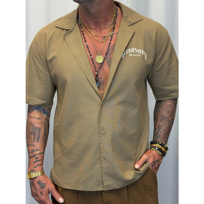 Yıldız Nakışlı Pamuk Gömlek Vizon