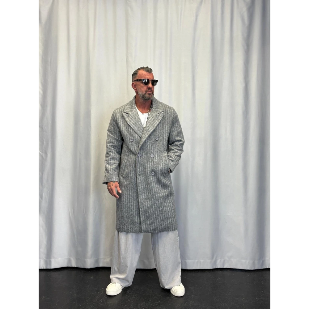 Fransız Cashmere Çizgili Palto Açık Gri