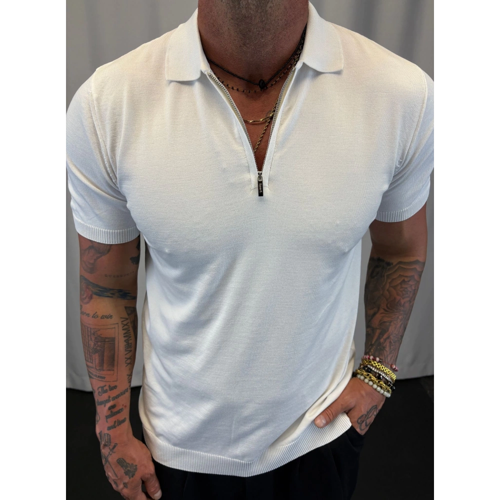 İpek Triko Fermuarlı T-Shirt Beyaz