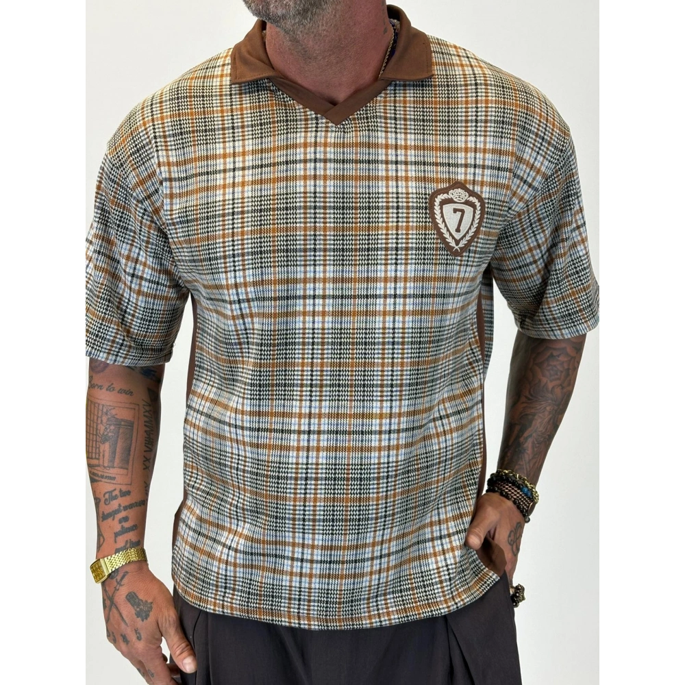 Plaid 7 V Yaka T-shirt Kahverengi Desenli