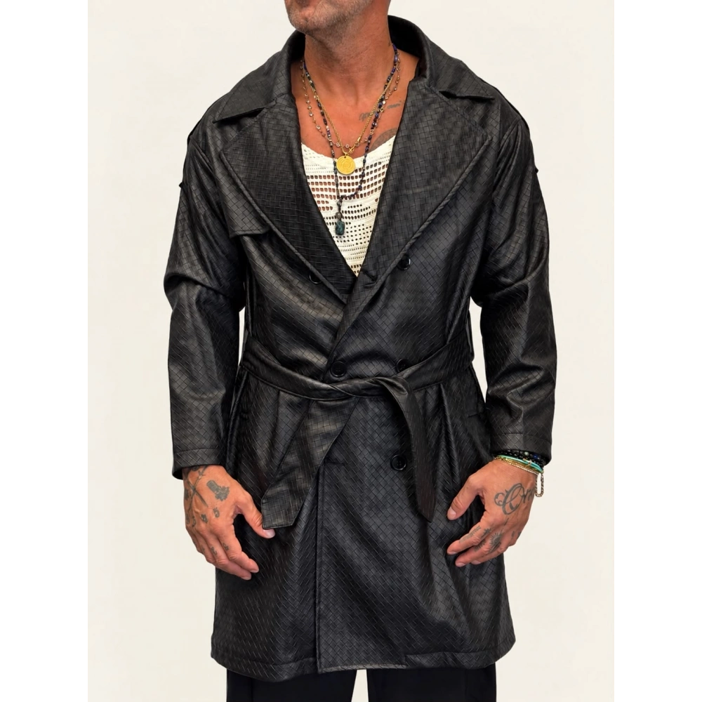 Pu Desenli Deri Trenchcoat Siyah