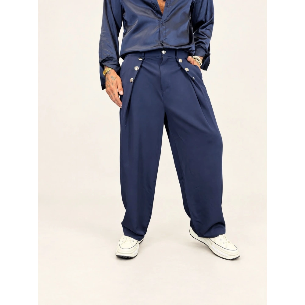 Rose Button Wide Leg Pileli Pantolon Lacivert