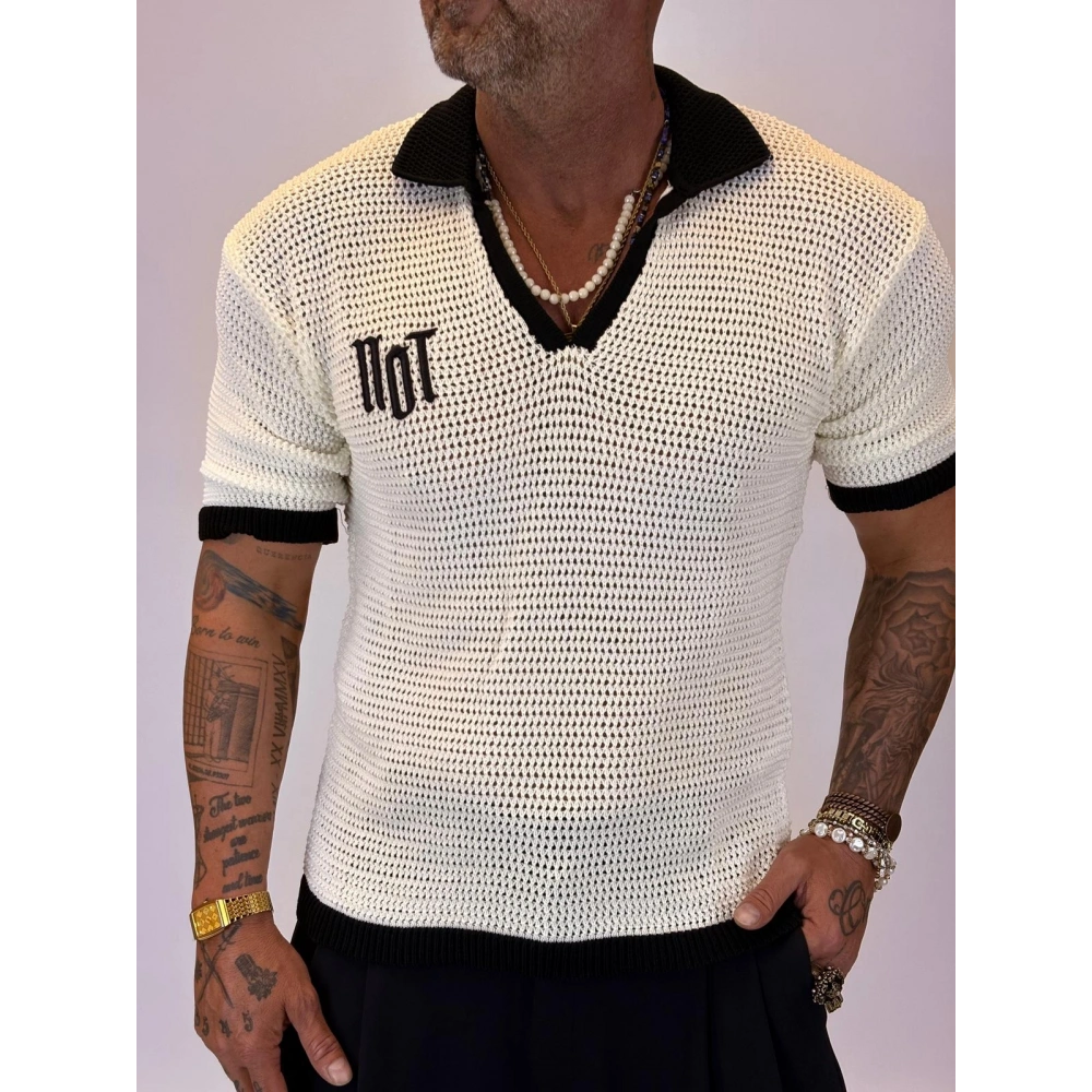Triko Akrilik 99 V Yaka T-Shirt Beyaz - Siyah Yaka