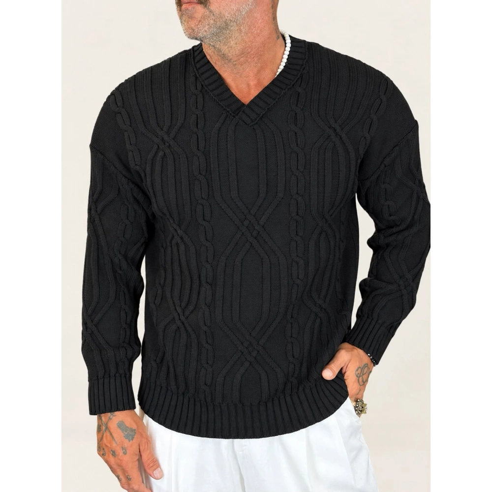 V-Line Cable Knit Kazak Siyah