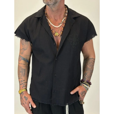 Hasır Nakış Detaylı Sleevless Gömlek Siyah