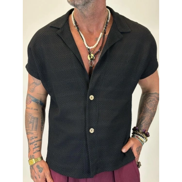 Yakası Açık Yarım Düğmeli Örme Gömlek Siyah