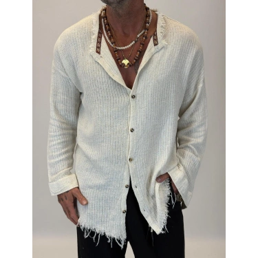 Hasır Bohem Şeritli Gömlek Ekru