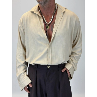 Organic Keten Relax Fit Gömlek Bej