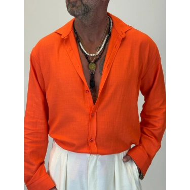 Organic Keten Relax Fit Gömlek Turuncu