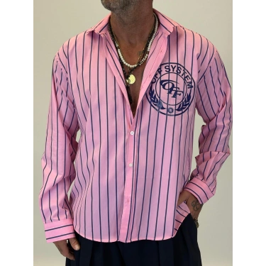 Off System Baskılı Çizgili Gömlek Pembe