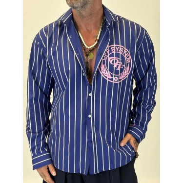 Off System Baskılı Çizgili Gömlek Lacivert