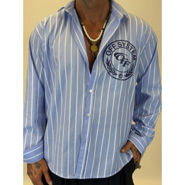 Off System Baskılı Çizgili Gömlek Mavi