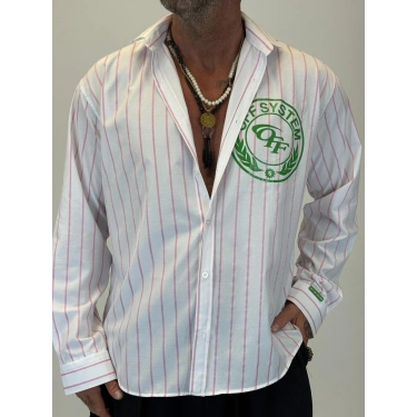 Off System Baskılı Çizgili Gömlek Beyaz Pembe