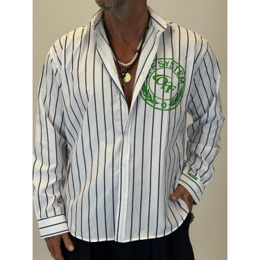 Off System Baskılı Çizgili Gömlek Beyaz Lacivert