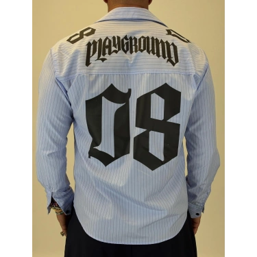 08 Baskılı Çizgili Gömlek Mavi