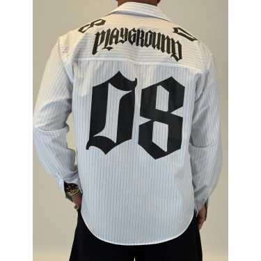 08 Baskılı Çizgili Gömlek Beyaz