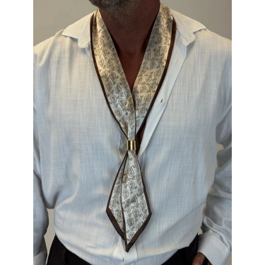 Broşlu Fular Kahverengi Desenli