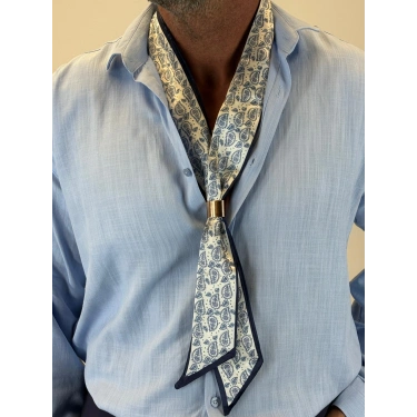 Broşlu Fular Mavi Desenli