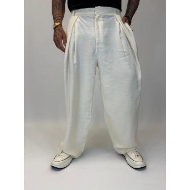 Organic Tesla Çapraz Pile Pantolon Beyaz