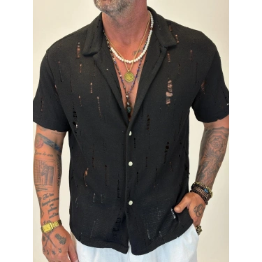 Triko Akrilik Yıpratma Gömlek Siyah