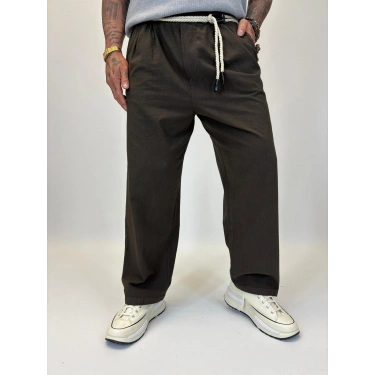 Yıkamalı Hasır Keten Kemer Detaylı Pantolon Kahverengi