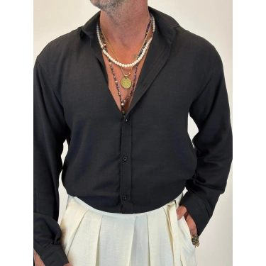 Organic Keten Relax Fit Gömlek Siyah
