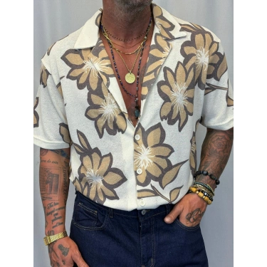 Triko Likralı Çiçek Desenli Gömlek Kahverengi