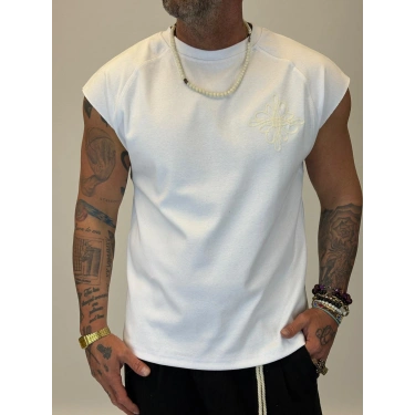 Nakış Detaylı Sleeveless T-shirt Beyaz