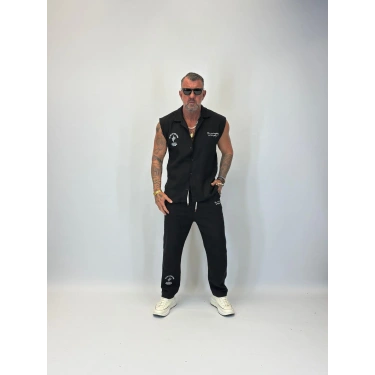 Yıkamalı Hasır Kolsuz Takım Siyah