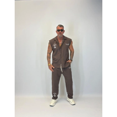 Yıkamalı Hasır Kolsuz Takım Kahverengi