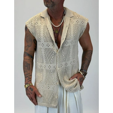 Akrilik Triko Kolsuz Gömlek Bej