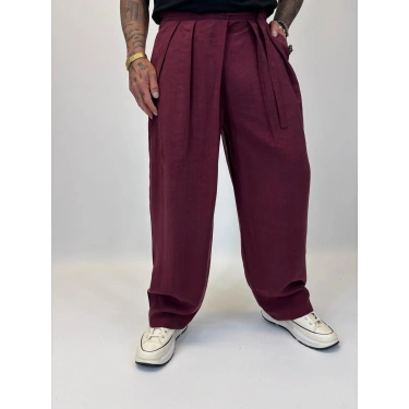 Organic Tesla Kemer Detaylı Pileli Pantolon Bordo