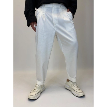 İtalyan Double Paça Pileli Pamuk Saten Pantolon Beyaz